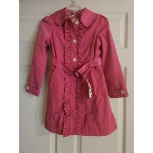 Land’s End Hot Pink Floral Lined Ruffle Rain Trench Coat Girls Size Large 6X